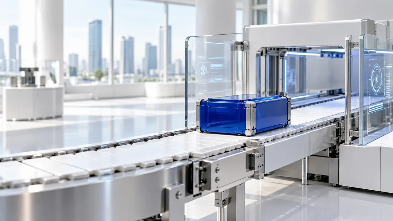 A miniature white automated conveyor carrying one blue module in bright daylight