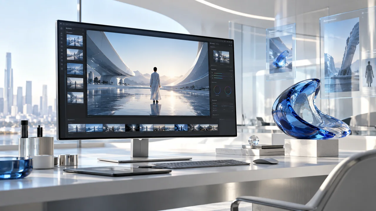 A monitor displaying a cinematic visual beside blue glass artwork in an AI creative production studio