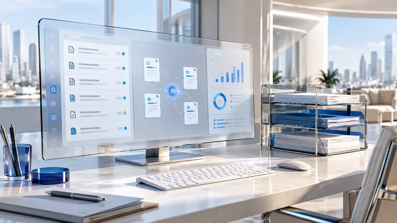 An AI task dashboard and organized document trays in a bright contemporary workstation