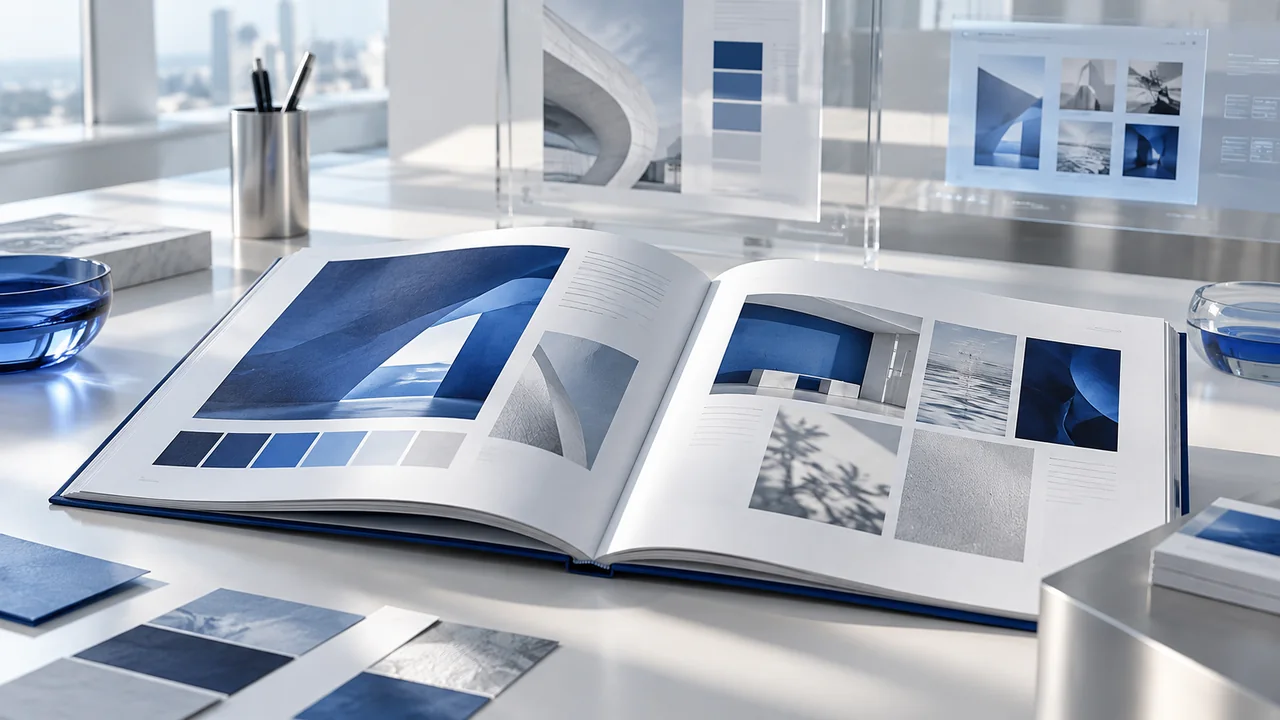 An open brand book with blue editorial layouts and photography references