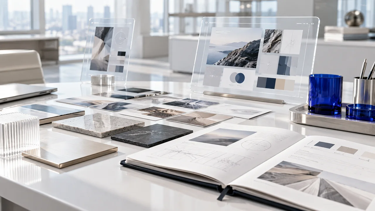 Research cards, material swatches and a brand strategy notebook on a light studio desk