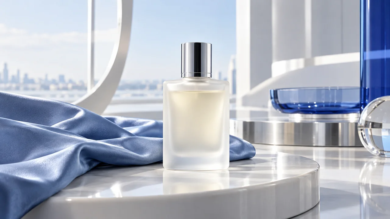 A frosted perfume bottle photographed on pale limestone with soft blue fabric