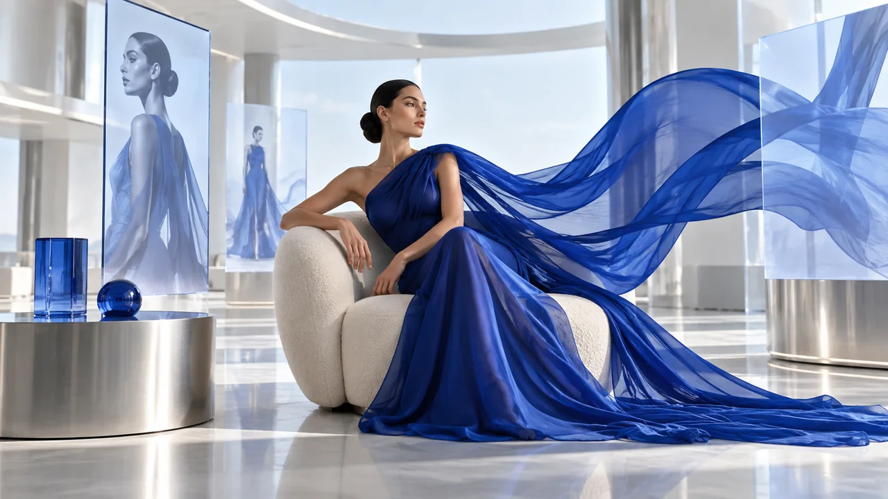 A fashion campaign set with an ivory chair and flowing cobalt fabric installation