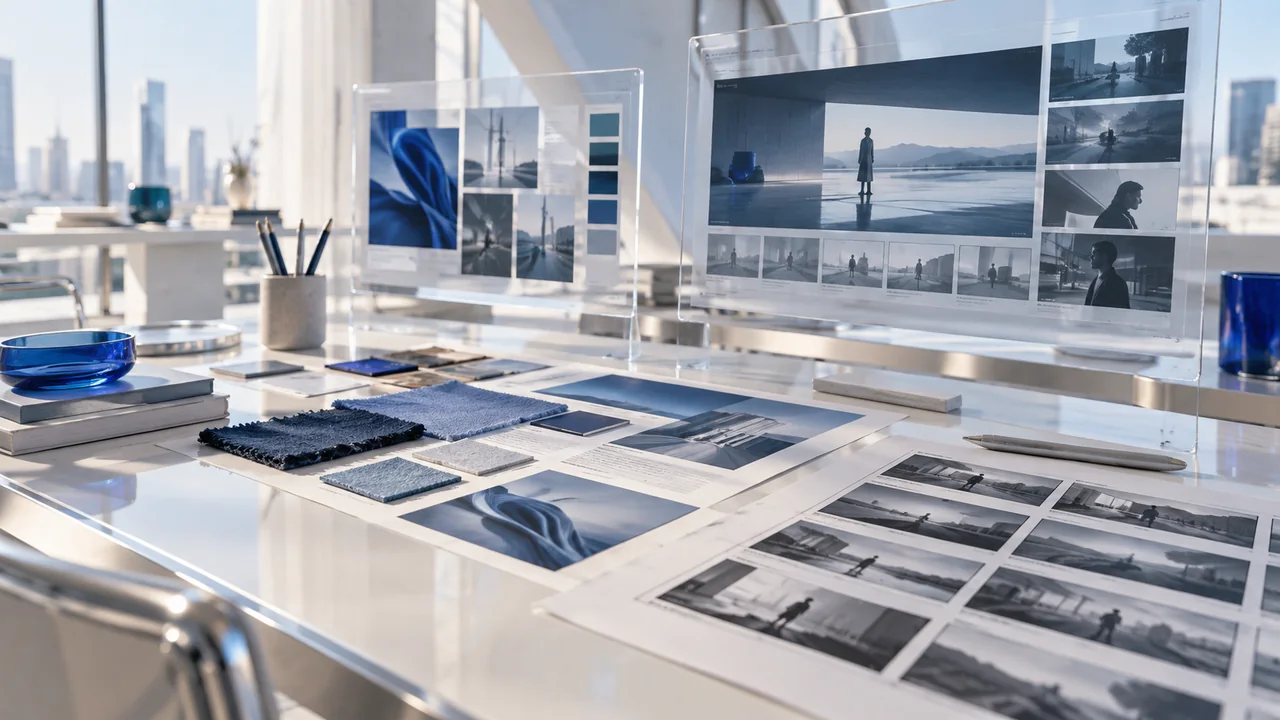 An art direction desk with blue moodboard swatches and a cinematic storyboard