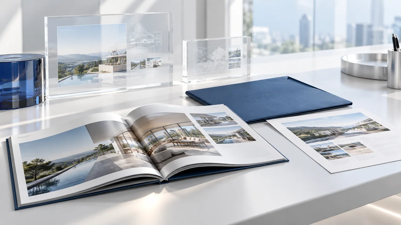 A premium landscape catalogue, blue folder and sales sheet arranged on a light surface