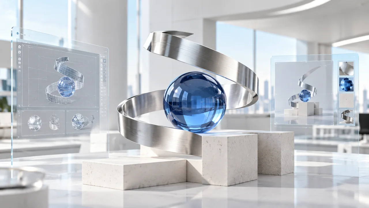 A chrome ribbon and blue glass sphere above cream blocks illustrating motion and 3D production