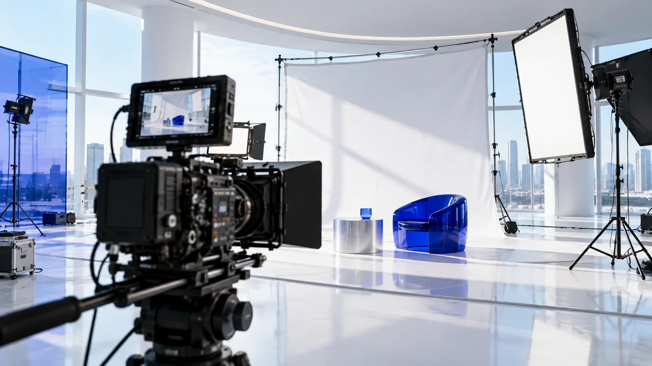A cinema camera facing a bright studio set with a white diffusion screen and cobalt prop