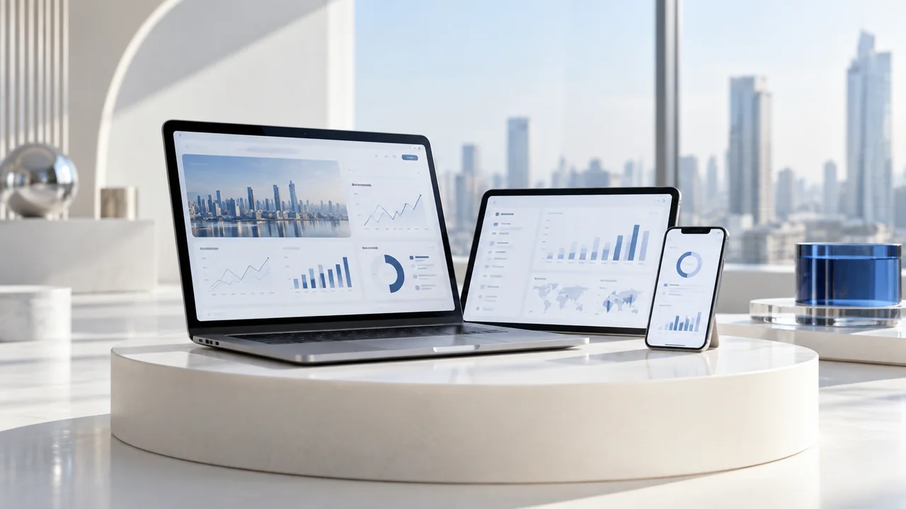 Three coordinated digital devices arranged on an ivory pedestal