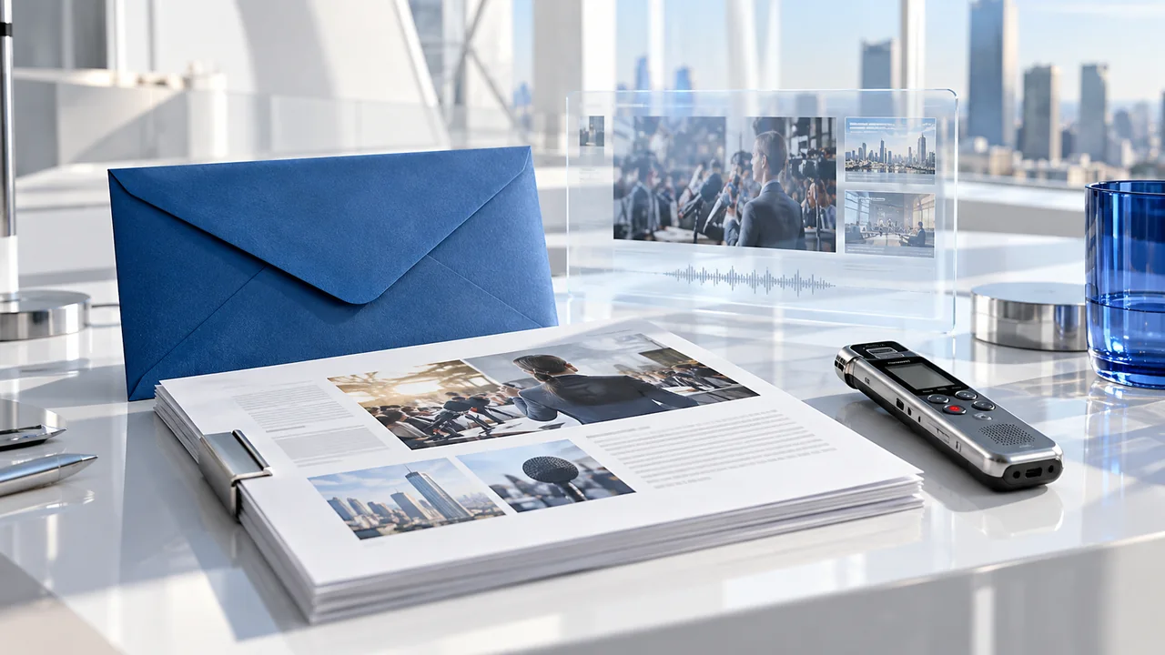 A blue envelope, editorial press dossier and recorder in a bright communication workspace