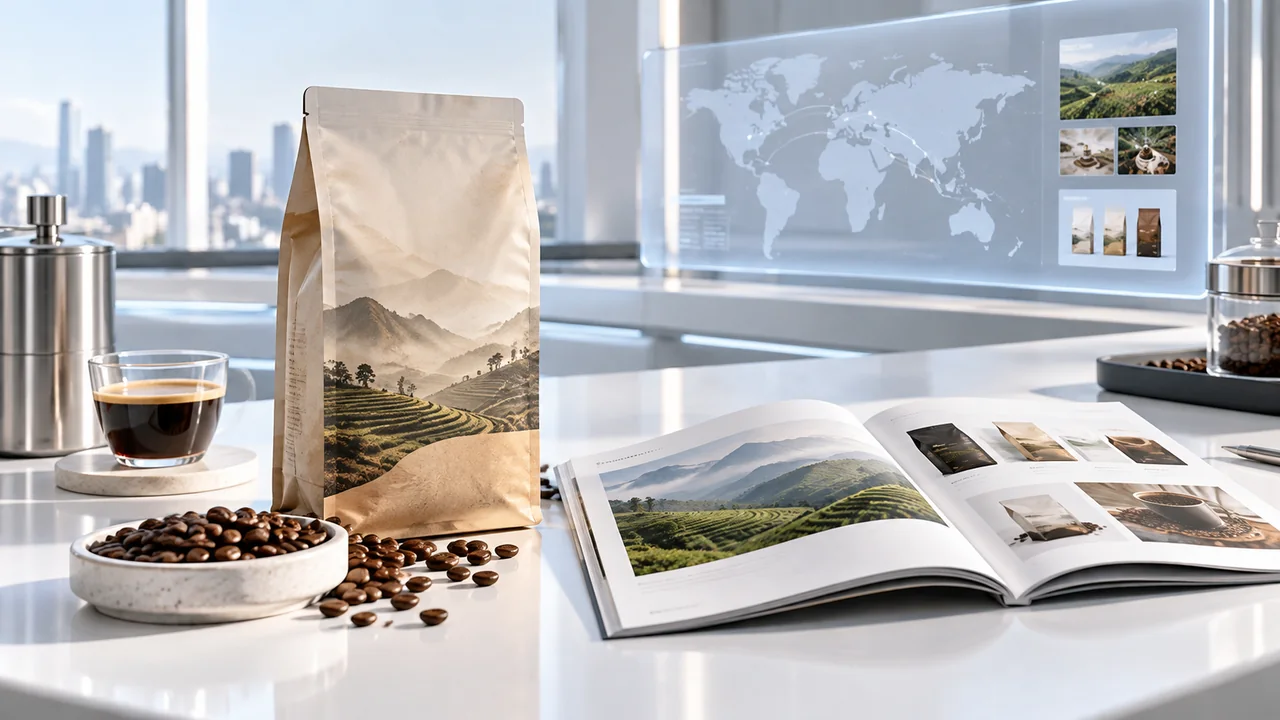 Premium Vietnamese coffee packaging beside an international product catalogue